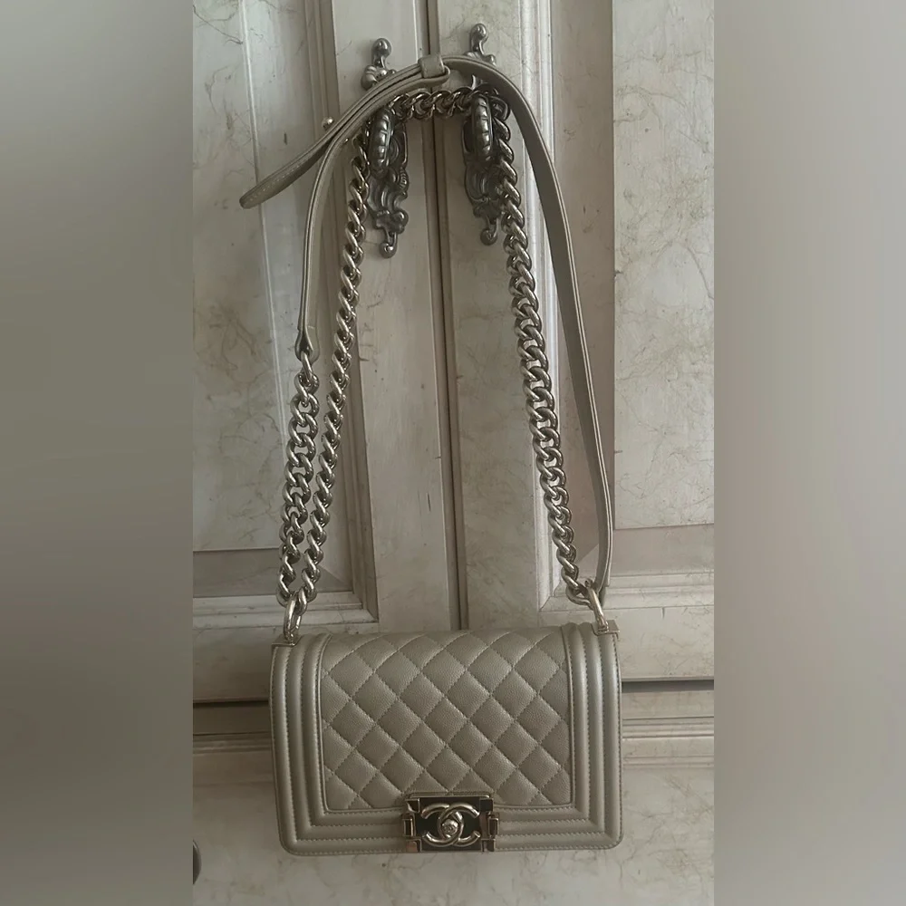 Chanel Caviar Leather Light Gold Beige Boy Bag Small - Picture 6 of 12